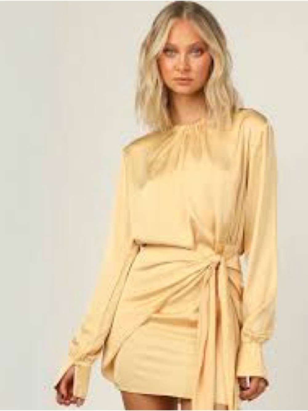 Long-Sleeve Wrap Tie Mini Dress in Pale Yellow